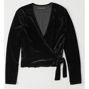 Abercrombie‎ & Fitch Black Velvet Wrap Tie Front Long Sleeve Top Women M Holiday